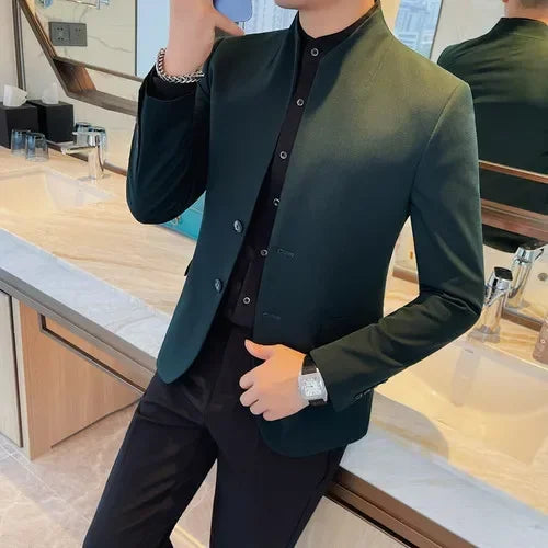 Hehope Autumn Chinese Style Stand Collar Suit Jacket for Men Slim Fit Casual Business Blazers Wedding Groom Dress Coat Costume Homme