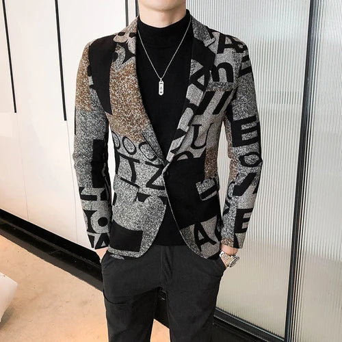 Hehope Retro Wool Blazer for Fall/winter Men Letter Printed New Blazer Slim Business Party Prom Fashion Wool Jacket Men Clothing