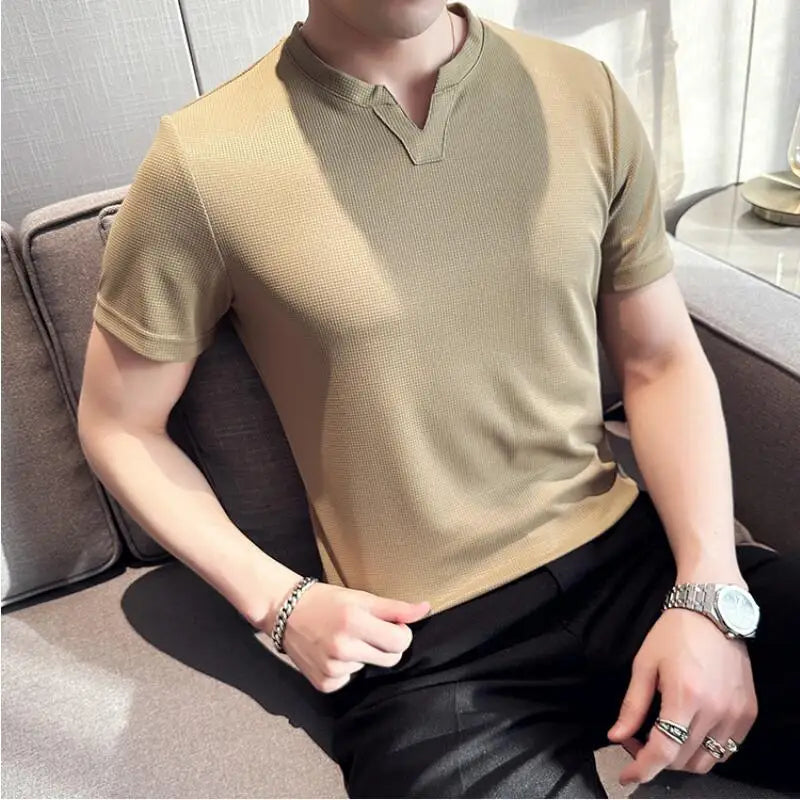 Hehope Summer Waffle Elasticity Ice Silk Breathable T-shirt Men V Neck Casual Short Sleeved Solid Color Tees Tops Streetwear 4XL-M