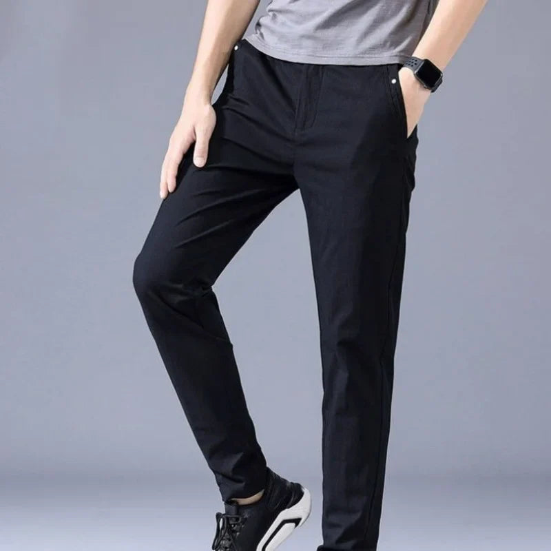 Hehope Summer New Fashion Casual Ice Silk Simple Versatile Straight Pants Men Solid Button Zipper Pockets Slim Loose Casual Trouser