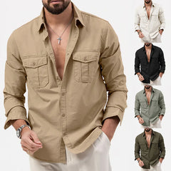 Hehope 2024 Spring Summer New Casual Loose Cotton Men Top Fashion Double Pocket Male Long Sleeved Shirt