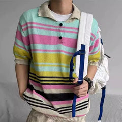 Hehope Vintage Y2K Striped Polo Shirt Mens Knitwear Summer Short Sleeve Buttoned Lapel Knit Tops For Men Casual Loose Breathable Polos