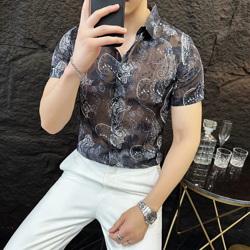 Hehope 2024 Summer Retro Printed Shirt for Men High Quality Short Sleeved Casual Shirt Male Social Banquet Nightclub Shirt Streetwear