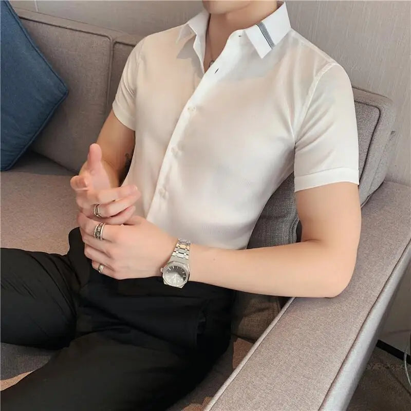 Hehope Summer High Quality Striped Ribbon Short Sleeve Shirt Men's Slim Fit Business Formal Wear Blouse Streetwear Plus Size 4XL-M