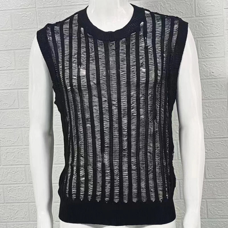 Hehope Hip Hop Mens Slim Tank Tops Knitted Crew Neck Sleeveless Casual Camisoles 2024 Summer Sexy Hollow Out See Through Knitting Vest