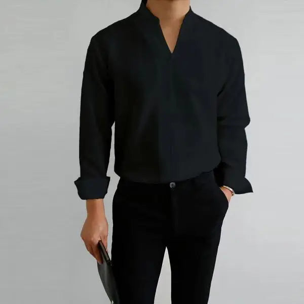 Hehope New Shirt Men Solid Stand Collar Long Sleeves Fit Men's Shirt Work Youth Shirts Four Seasons Wear Top Harajuku Clothing