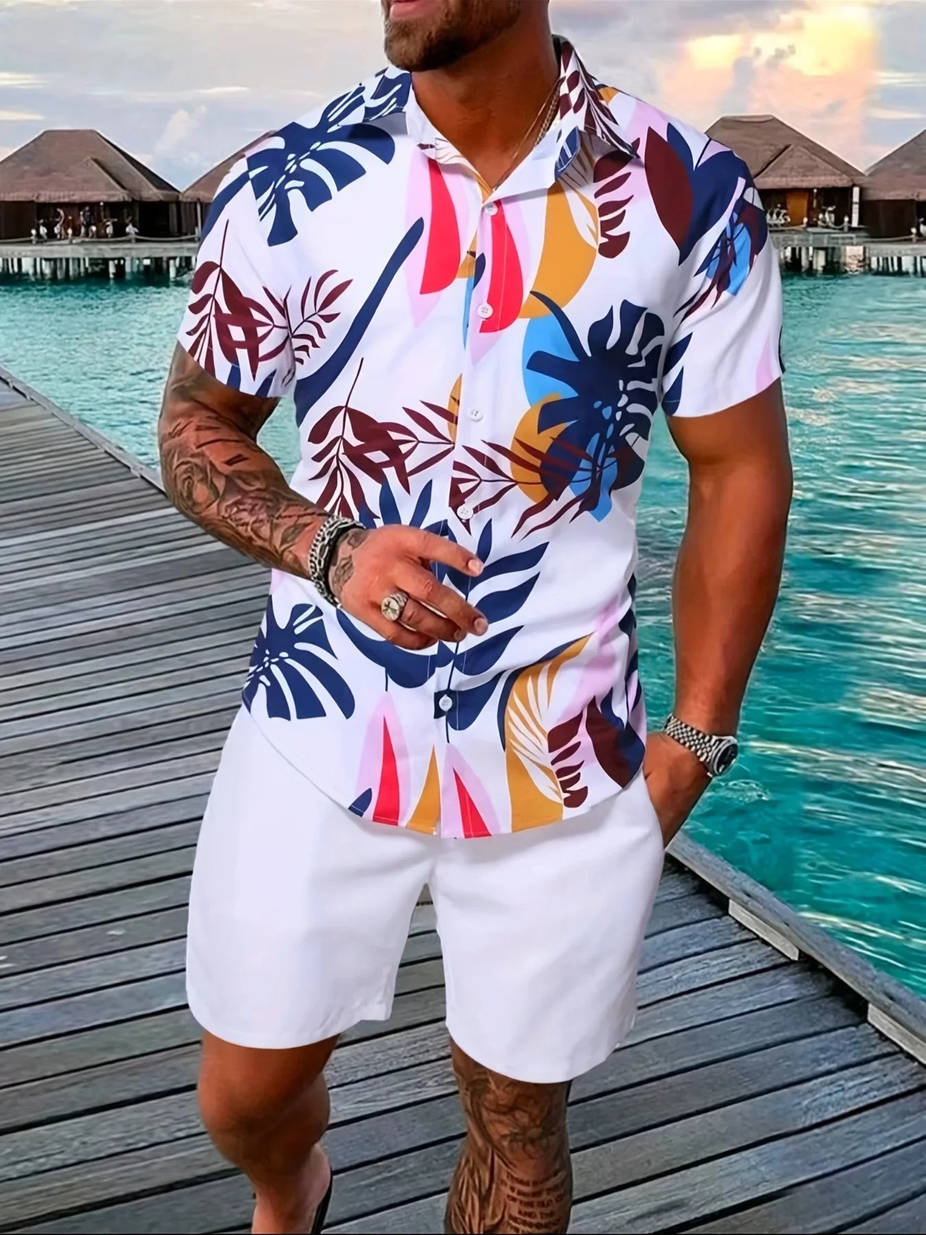 Hehope Men'A Spring And Fall 2-Piece Beach-Style Short-Sleeved Button-Down Lapel T-Shirt Shorts drawstring Casual Business Sports suit