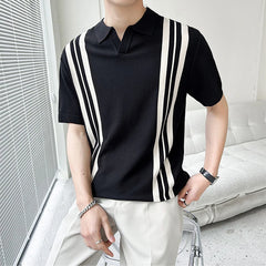 Hehope Fashion Slim Knitted Short Sleeve Tops Men Vintage Striped Patchwork Knit Polo Shirt Mens Summer Vintage Lapel Knitted T-shirts