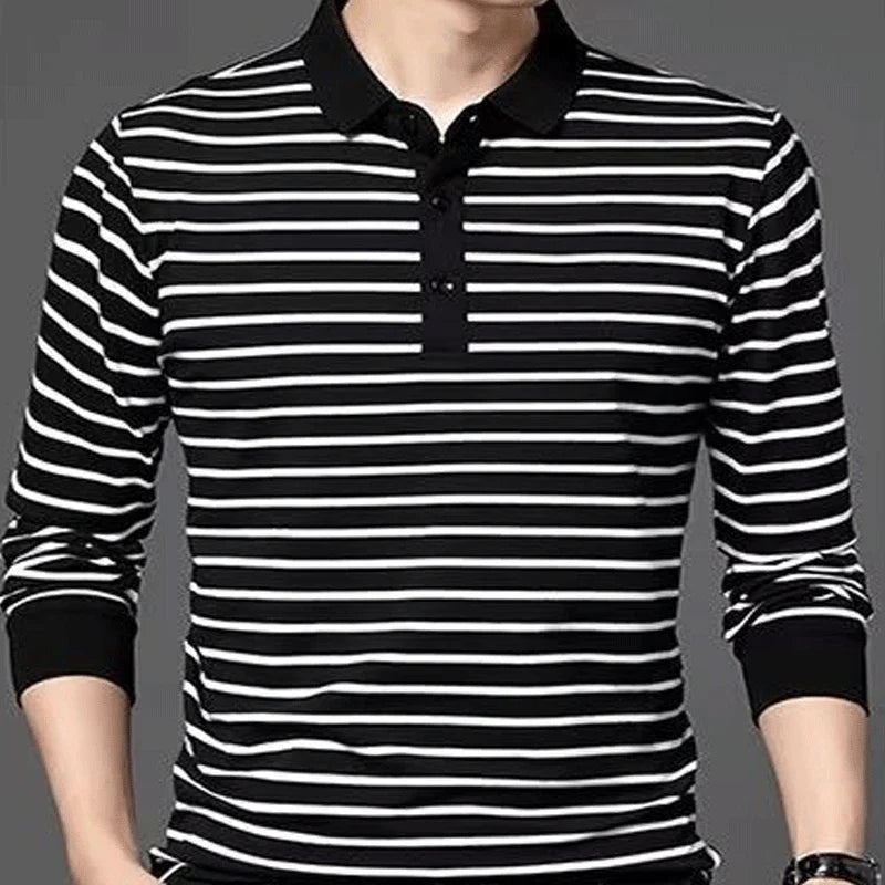 Hehope Men's Striped Long-sleeved T-shirt POLO Collar Spring/summer New Bottom Korean Version Slim Fitting Trend Stitching Button