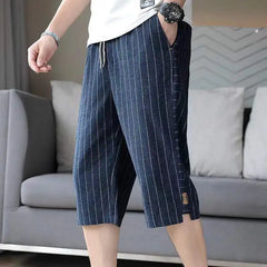 Hehope Summer New Trend Cotton Hemp Thin Straight Casual Capris Men Print Stripe Elastic Waist Drawstring Pocket Versatile Loose Shorts