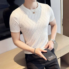 Hehope New Men Short Sleeve Breathable Leisure O-neck Slim Fit T-shirts Male Fashion Ice Silk Knitted Tops Size Shirt S-3XL