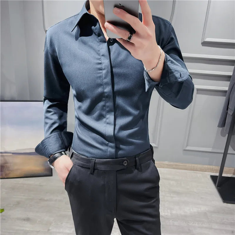 Hehope Autumn New Fashion Stand Collar Solid Slim Fit Shirts Mens Casual Luxury Long Sleeve Party Wedding Business Dress Shirts