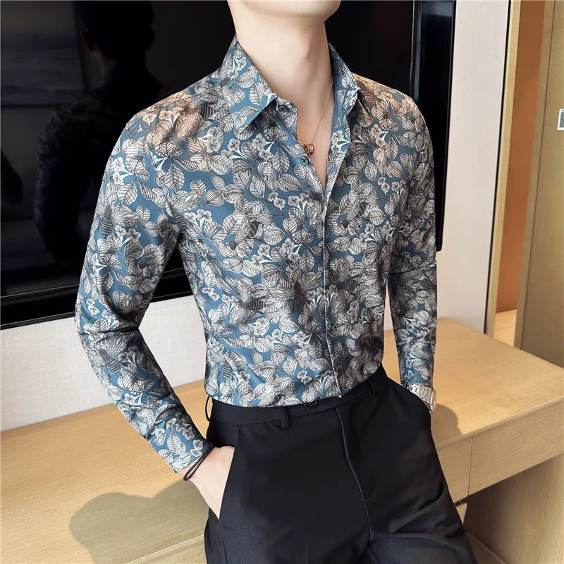 Hehope Mens Printed Shirt Autumn New Long Sleeved Elastic Slim Fit Camisas Club/Prom Tuxedo Dress Shirt Tops Casual Men Clothing