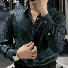 Hehope Fall Winter British Men Glossy Zebra Pattern Long Sleeve Shirt Slim Shirt Dark Green Camisa Social Masculina Men Dress Shirt