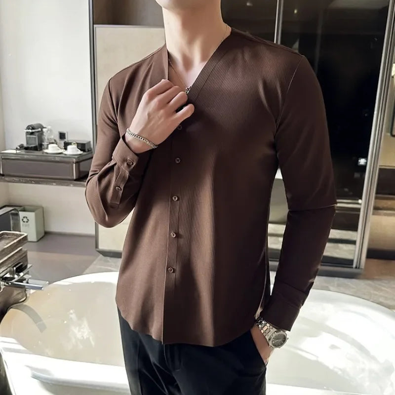 Hehope High-quality Waffle Shirt for Men Long Sleeve V-neck Casual Slim Business Formal Dress Shirts Social Banquet Tops Men Clothing