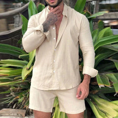 Hehope Vintage Cotton Beach Set Men Clothing Fashion Short Sleeve Lapel Shirt Tops & Shorts Two Piece Suit Man Solid Beach Tracksuit