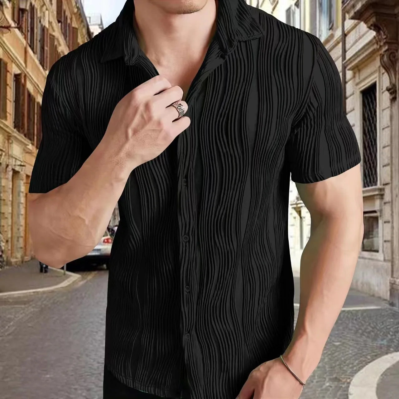 Hehope Summer Men's Shirts Loose Casual Trend Solid Color Cardigan Stripe Jacquard Short-Sleeve Fashion Breathable Shirt For Male Tops