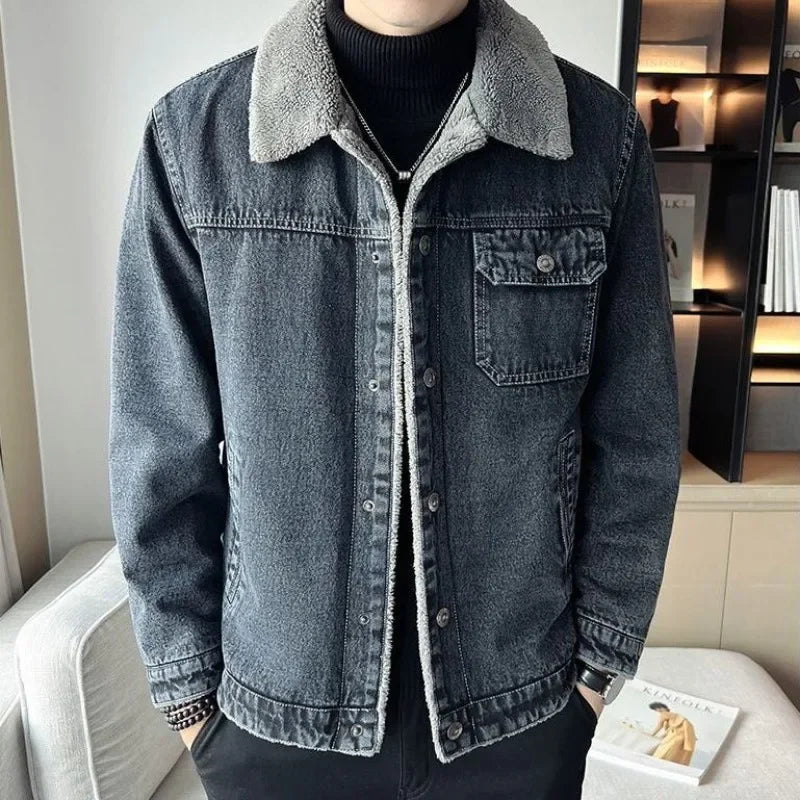 Hehope Denim Jackets Man Cargo Padded Gray Padding Wool Jeans Coat for Men Warm with Sheep of Fabric Korean Popular Clothes Washed Worn