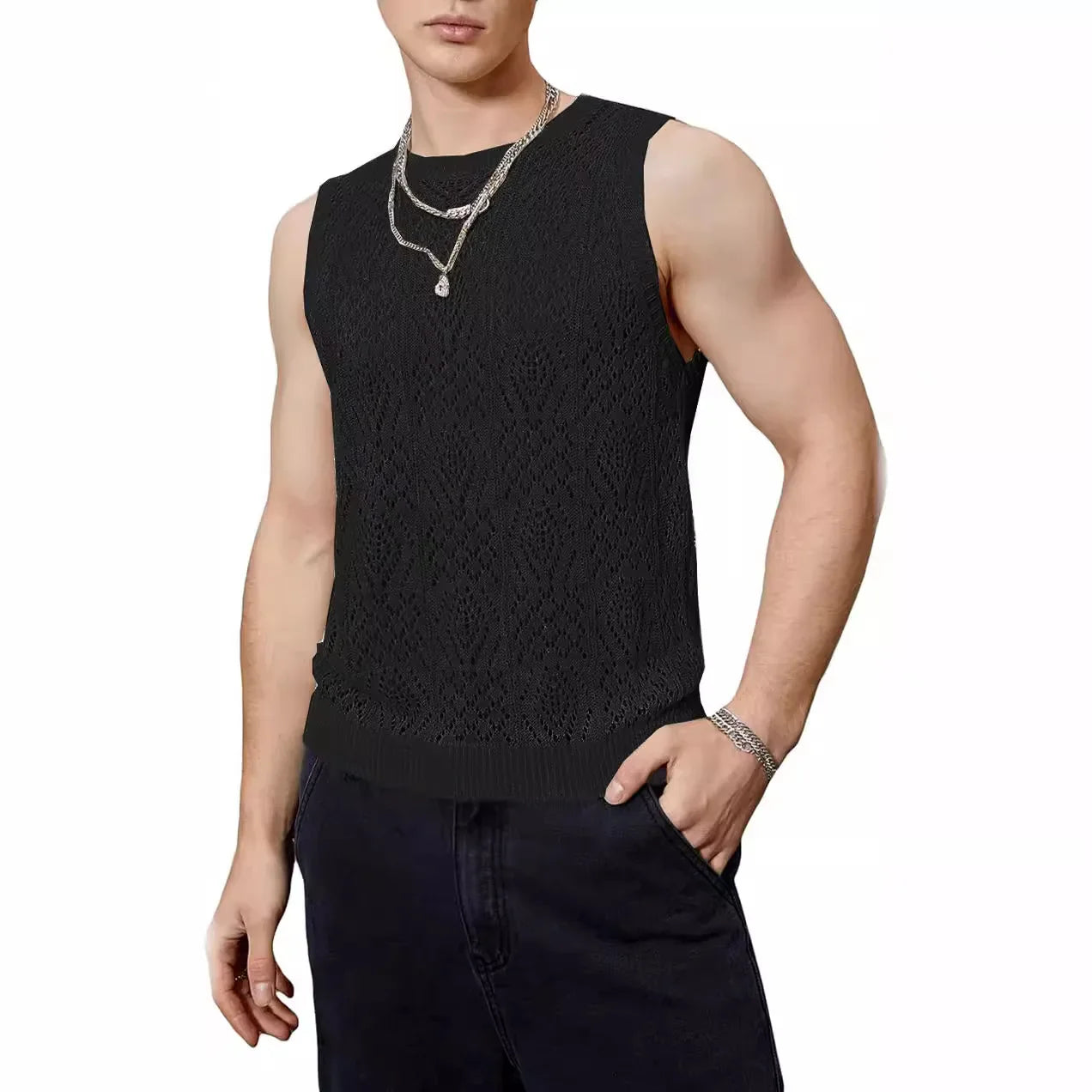 Hehope Streetwear Male Vest Thin Hollow Out Mesh Knitted Tanks Mens Sexy Summer Sleeveless Tank Top