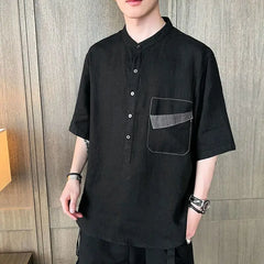 Hehope 2024 Summer New Trendy and Handsome Short Sleeves Thin Simple and Breathable Japanese Men's Pocket Shirt with 5/4 Sleeve Top