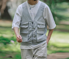 Hehope  Spring/Summer Japan fashion Retro Cargo Short sleeve Denim Vest Loose Sleeveless Waistcoat Vest Men and Women