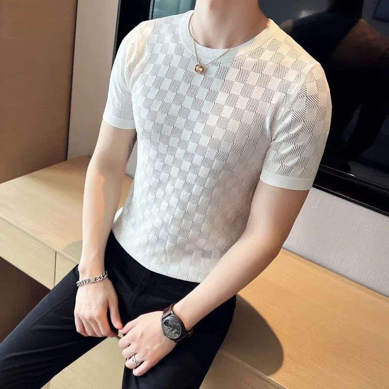 Hehope Men's Short Sleeve T-shirt Summer Thin High Elastic Slim Fit Knit Tee Shirts Tops O Neck  Solid Casual Fashion Men Clothing