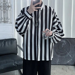 Hehope 2024 Spring and Summer Dark Series High End Pi Shuai Striped Long Sleeved Korean Edition Trendy and Handsome Loose Casual Shirt