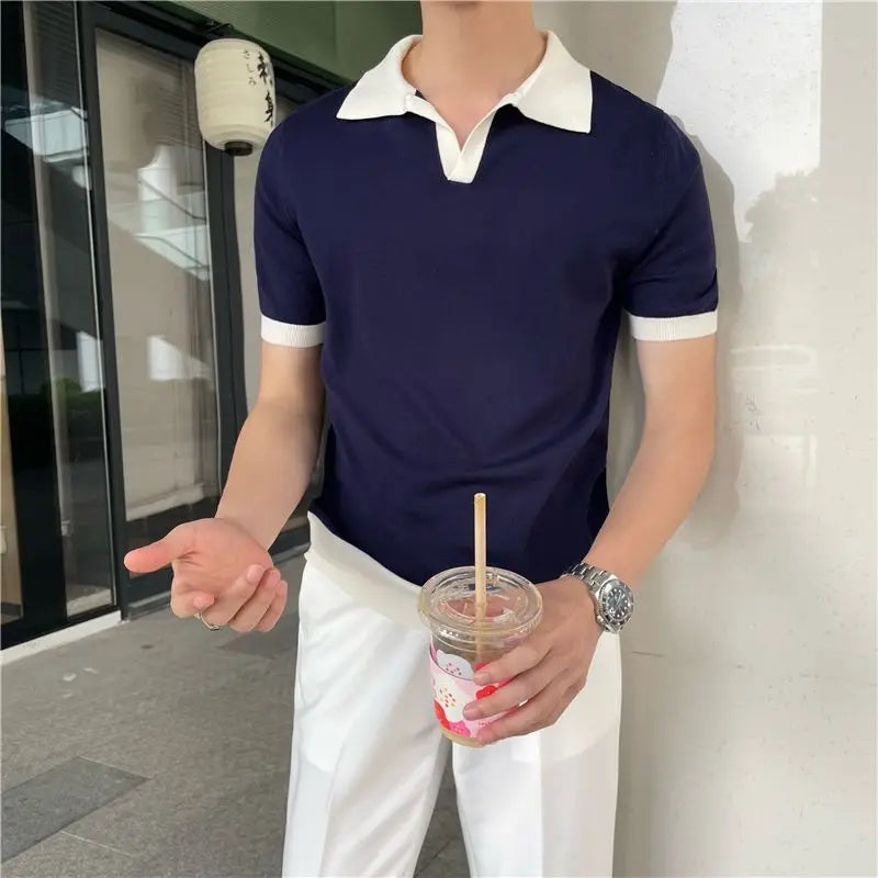 Hehope Summer Lapel Breathable Short Sleeve Temperament Men's Clothing Slim Korean Version Solid Color Trend Knitted POLO Shirt