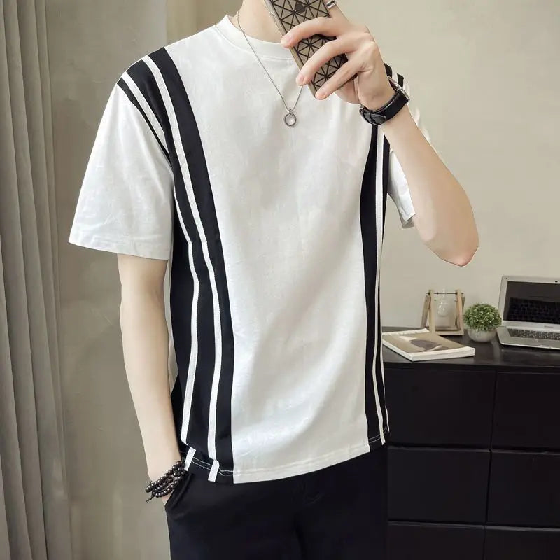 Hehope Fashion Casual Loose Spring Summer Pullovers Solid Patchwork Striped T-Shirts Round Neck Handsome Men's Clothing Short Sleeve