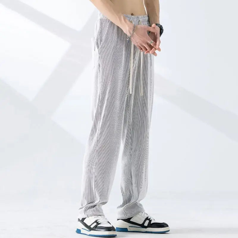 Hehope Summer Thin Trendy Loose Ice Silk Casual Straight Sports Pants Men's Solid Elastic Waist Pockets Drawstring Wide Leg Trousers