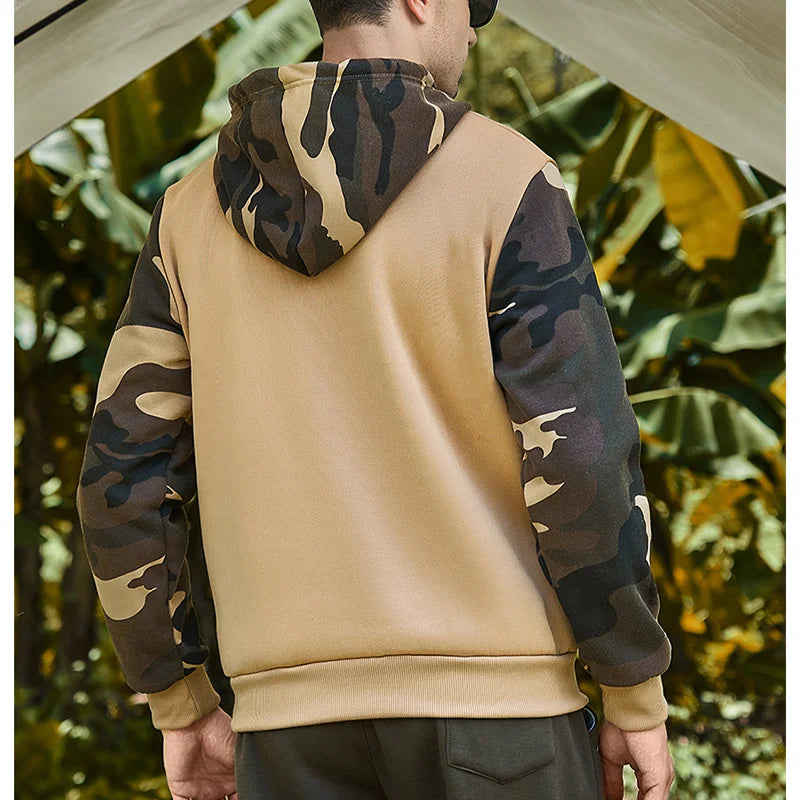 Hehope Spring Autumn Camouflage Spliced Loose Casual Hoodies Male Comfortable Fashion All-match Pullover Top Men Pocket Hooded Outwear