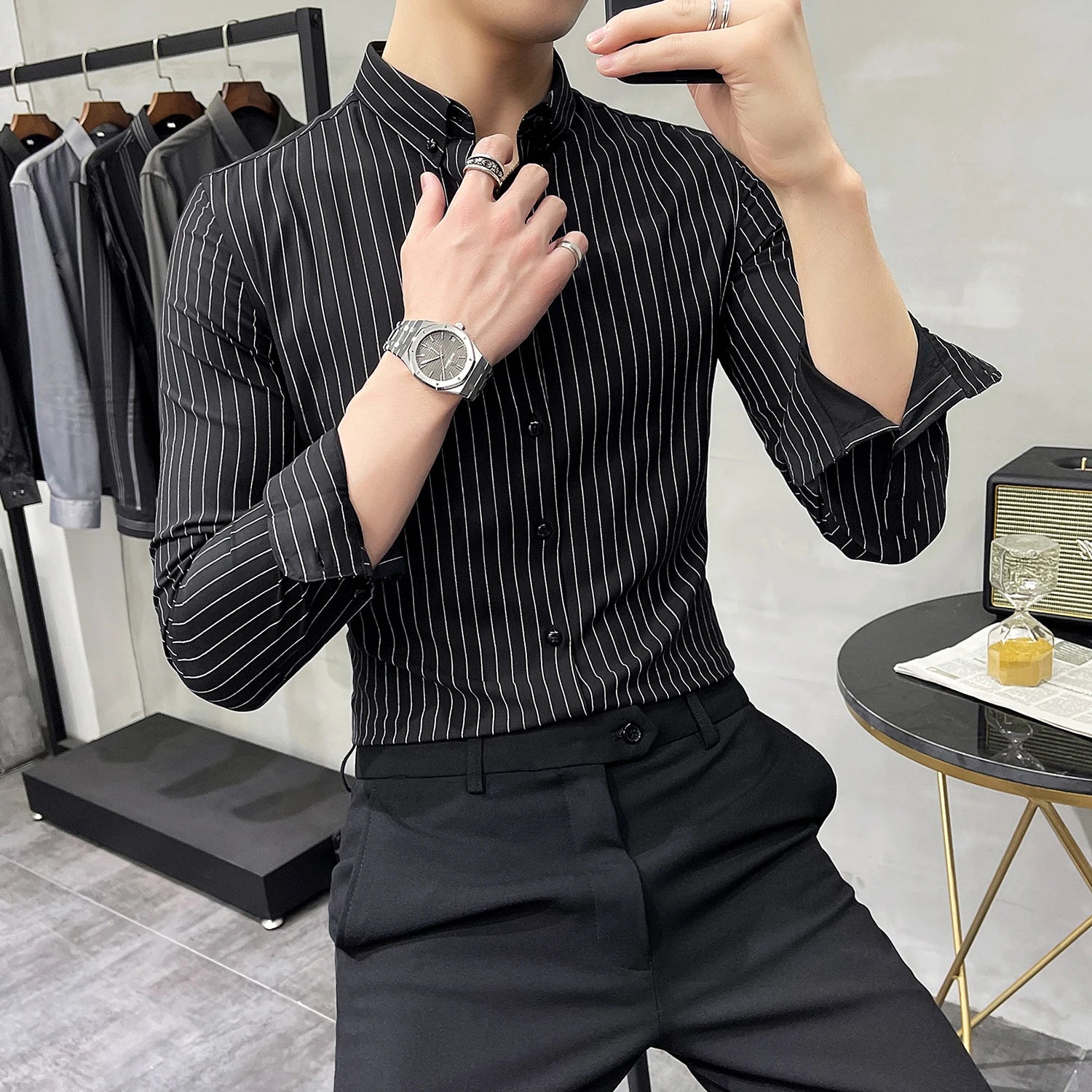 Hehope British Style Striped Shirts Mens Long Sleeve Business Formal Dress Shirt Casual Slim Fit Shirt Streetwear Social Party Clothing