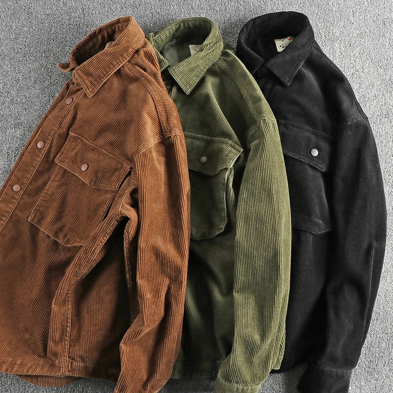 Hehope Autumn and winter thick wash corduroy long sleeve shirt men's retro trend cargo big pocket solid color casual coat