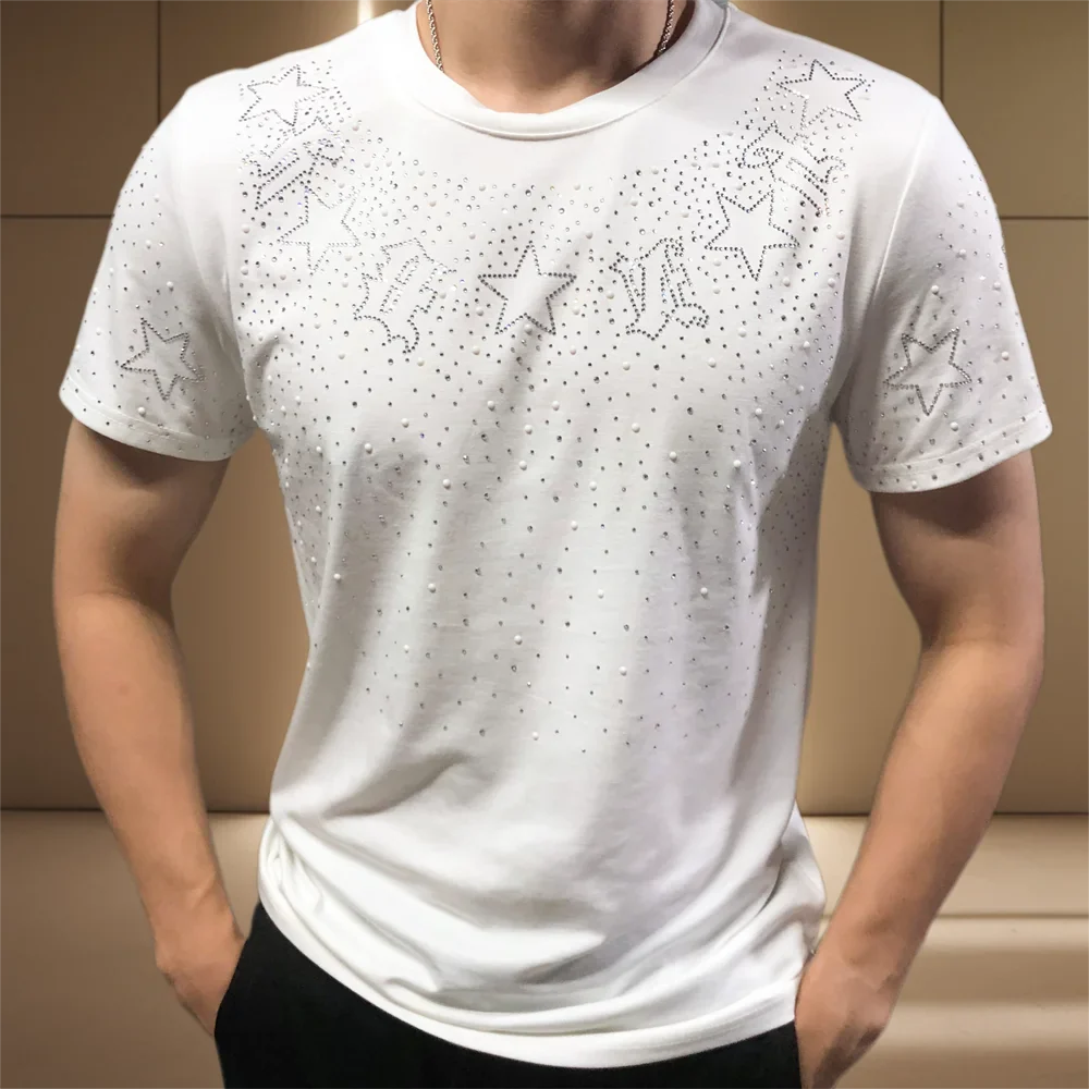 Hehope 2024 Summer Hot Drill Star Short Sleeve T-shirt Men's Tide Brand Leisure Top Tshirt For Men Social Club Outfits Tee Shirt Homme