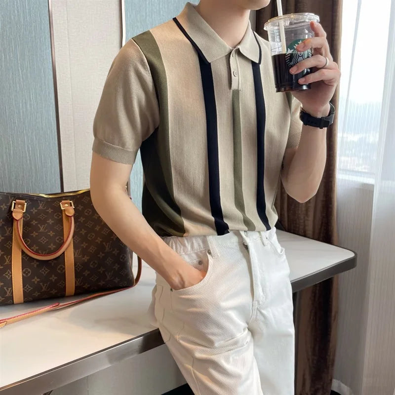 Hehope 2024 Summer Fashion Trend British Style Casual Business Polo Collar Stripe Contrasting Ice Silk Short Sleeved T-shirt for Men