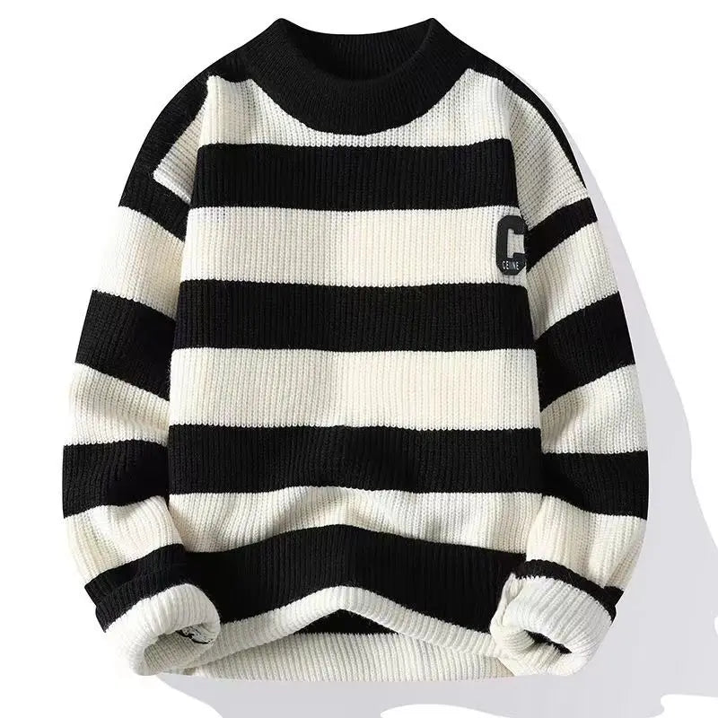 Hehope Autumn/Winter Men's Pullover Round Neck Loose Striped Contrast Letter Warm and Thick Casual Fashion Elegant Commuting Knitwear