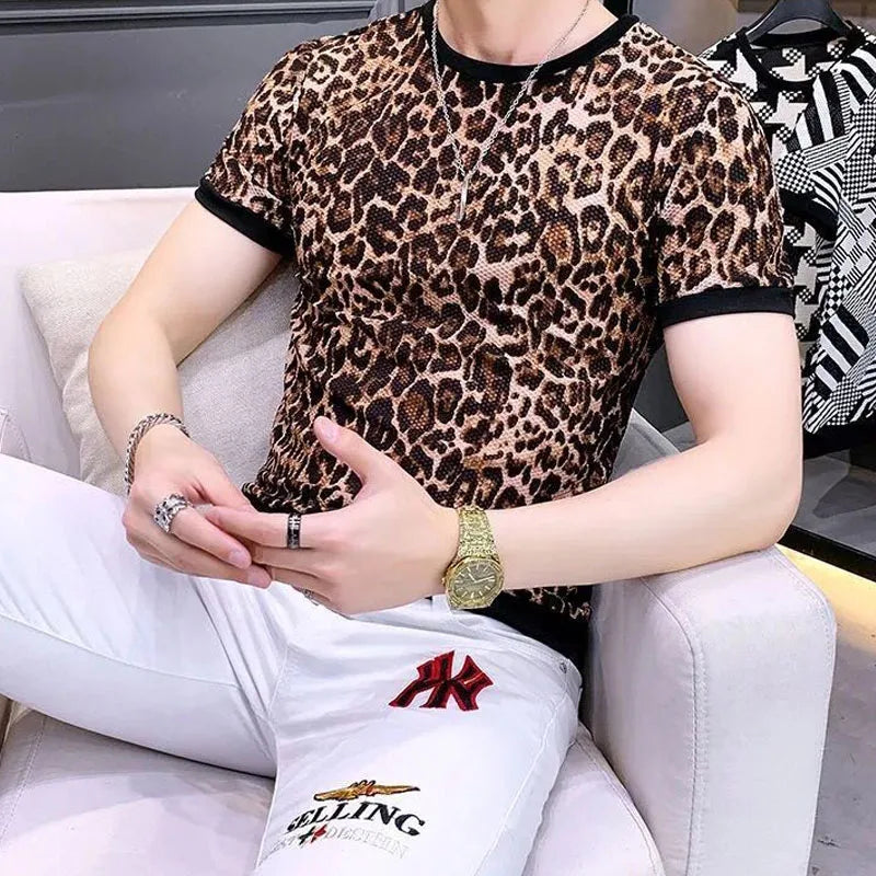 Hehope Summer Round Neck Men's Clothing Fashion Leopard Ice Silk Fabric Tops Man Grid Mesh Hollow Out All-match T-shirt