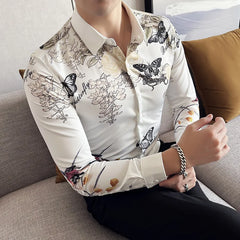 Hehope Fashion Butterfly Printed Shirt for Men Summer Long Sleeve Casual Shirts Streetwear Social Party Nightclub Camisa Masculina