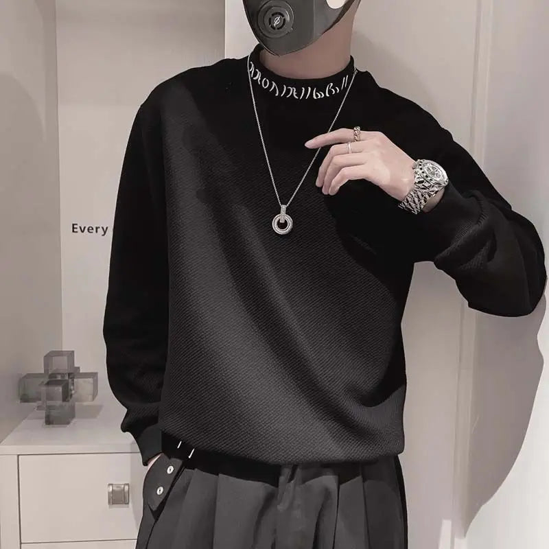 Hehope Autumn Winter Fashion Half High Collar Solid Color Men's Clothing T-Shirts Long Sleeve Pullovers Korean Embroidery Chaopai Tops