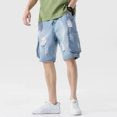 Hehope Gray Ripped Male Denim Shorts Korean Fashion Fitted Summer Y2k with Free Shipping Baggy Distressed Jorts Men's Short Jeans Pants