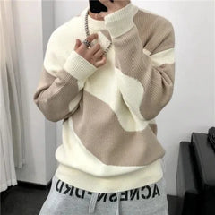 Hehope Autumn Winter New Fashion Round Neck Long Sleeve Patchwork Color Blocking Pullovers Men's Clothing Korean Loose Knitting Tops