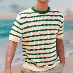 Hehope Summer Short Sleeve Sweater T Shirts Men Vintage Jacquard Striped Knitted Tops Mens Casual O Neck Jumper Tee Male Fashion Tops