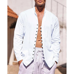 Hehope Men's Cotton Linen Shirt Long Sleeve Shirts Men Beach Shirt Summer Casual Solid Color Stand Collar Men's Shirt