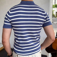 Hehope Summer New Slim-fit Striped Knit POLO Shirt for Men Business Casual Men Short Sleeve Tee Navy Striped T-shirt Men's Clothing Gym