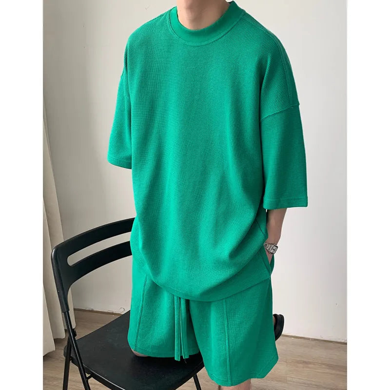 Hehope Summer Set Men Fashion Black Green Sports Set Men Streetwear Korean Loose Short Sleeved T-shirts Shorts Set Mens Short Sets