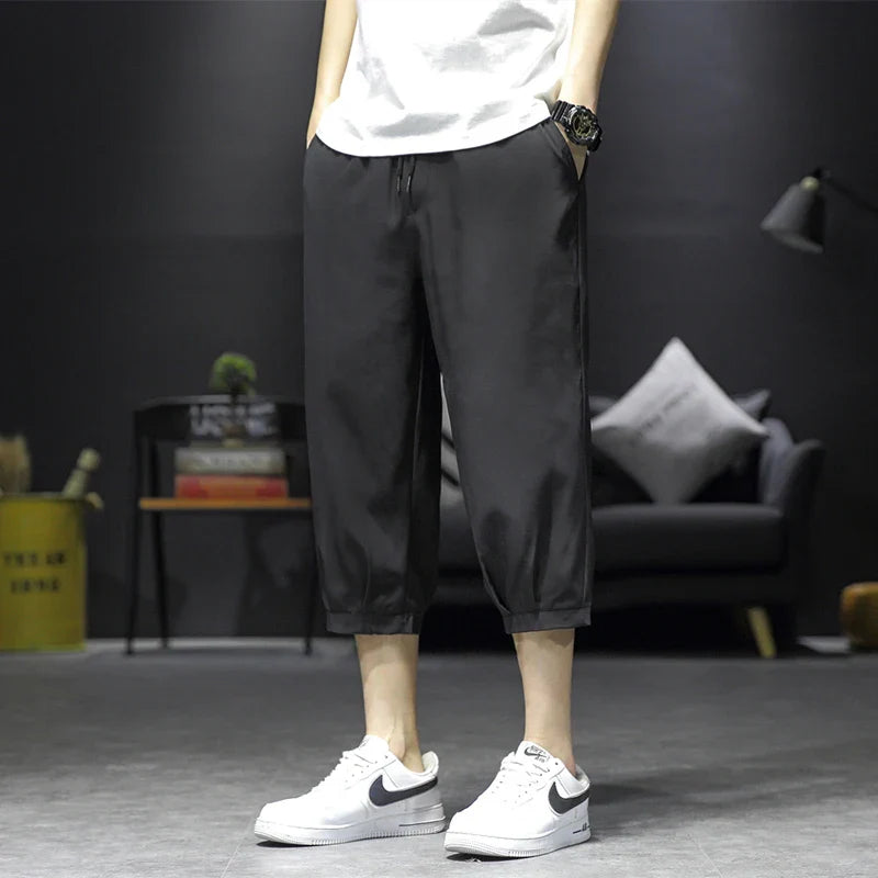 Hehope Cropped Pants Men's Shorts Summer Ice Silk Fashionable Straight Large Size Sports Casual Pants