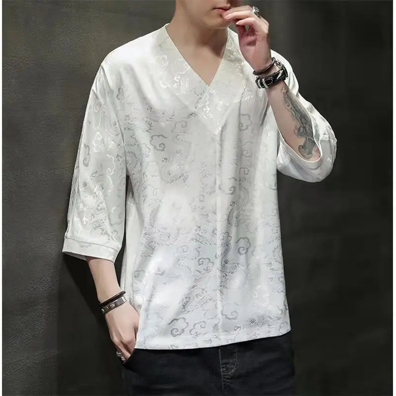 Hehope 2024 New Summer Chinese Style Dark Flower Ultra-thin Ice Silk Short Sleeved Shirt China-Chic Oversize Loose Casual Men's T-shirt