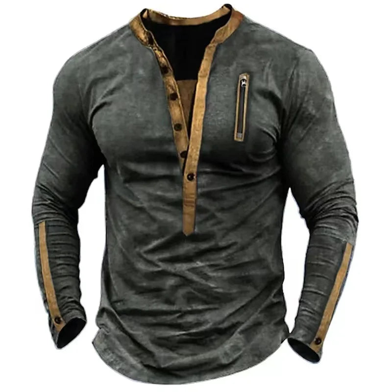 Hehope Spring Autumn Vintage Casual Loose Men Zip Pocket Pullover Splicing Men's Outdoor T-shirt Henley Collar Tactica Male Tops Shirts