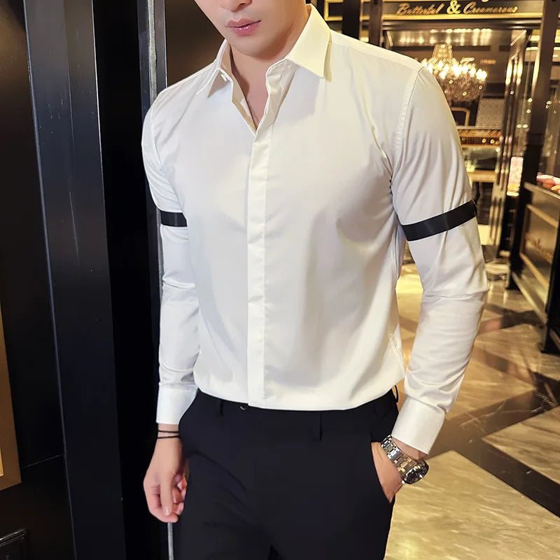 Hehope Autumn Shirts Men Long Sleeve Arm Ribbon Slim Casual Shirts High-quality Social Party Banquet Nightclub Shirt Men Clothing