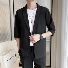 Hehope Summer Short Sleeve Blazer Men Slim Fit Fashion Social Mens Dress Jacket Korean Casual Suit Jacket Mens Office Formal Blazer